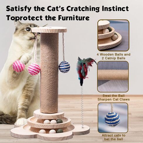 Cat Toy 2-Layer Turntable Cat Toys Ball Tracks, 11.5x18 inch Kitten Toys Interactive Cat Toy with Six Interactive Balls and Two Sisal Dangling Balls, Cat Scratching Post for Indoor Cats and Kittens in Kuwait