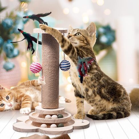 Cat Toy 2-Layer Turntable Cat Toys Ball Tracks, 11.5x18 inch Kitten Toys Interactive Cat Toy with Six Interactive Balls and Two Sisal Dangling Balls, Cat Scratching Post for Indoor Cats and Kittens in Kuwait