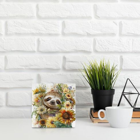 OFlich Sloth Wooden Box Signs - Sloth Decor, Sloth Gifts for Women Men, Summer Signs for Home Decor 5x5, Sloth Stuff, Summer Flower Sloth Signs in Saudi Arabia