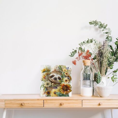 OFlich Sloth Wooden Box Signs - Sloth Decor, Sloth Gifts for Women Men, Summer Signs for Home Decor 5x5, Sloth Stuff, Summer Flower Sloth Signs in Saudi Arabia
