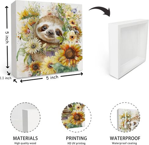 OFlich Sloth Wooden Box Signs - Sloth Decor, Sloth Gifts for Women Men, Summer Signs for Home Decor 5x5, Sloth Stuff, Summer Flower Sloth Signs in Saudi Arabia