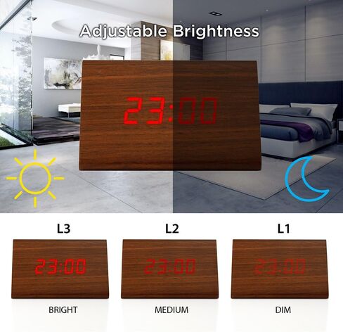 OCT17 Wooden Wood Clock, New Version LED Alarm Digital Desk Clock Adjustable Brightness, Alarm Time, Displays Time Date Temperature - Bamboo in Kuwait