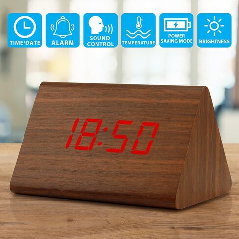 OCT17 Wooden Wood Clock, New Version LED Alarm Digital Desk Clock Adjustable Brightness, Alarm Time, Displays Time Date Temperature - Bamboo in Kuwait