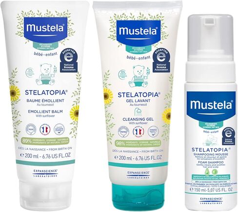 مجموعة هدايا وقت الاستحمام للبشرة المعرضة للإكزيما من موستيلا ستيلاتوبيا - أساسيات العناية ببشرة الطفل - مع زيت الأفوكادو الطبيعي وزيت عباد الشمس - مجموعة من 3 قطع in Kuwait