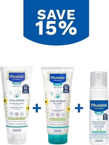 مجموعة هدايا وقت الاستحمام للبشرة المعرضة للإكزيما من موستيلا ستيلاتوبيا - أساسيات العناية ببشرة الطفل - مع زيت الأفوكادو الطبيعي وزيت عباد الشمس - مجموعة من 3 قطع in Kuwait