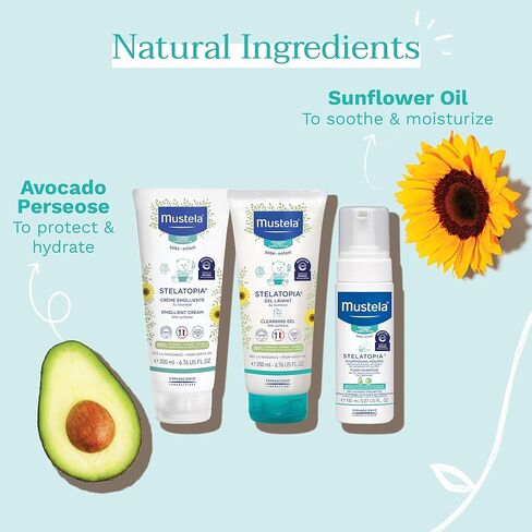 مجموعة هدايا وقت الاستحمام للبشرة المعرضة للإكزيما من موستيلا ستيلاتوبيا - أساسيات العناية ببشرة الطفل - مع زيت الأفوكادو الطبيعي وزيت عباد الشمس - مجموعة من 3 قطع in Kuwait
