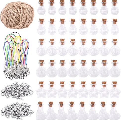 Tanstic 119Pcs 6 Shapes Glass Jars Bottles with Cork Stoppers Set, 48Pcs Wish Bottles Glass Favor Jars with 50Pcs Eye Screws, Lobster Claw Clasps and 30 Yards Twine for Wedding Party DIY Decoration in Saudi Arabia