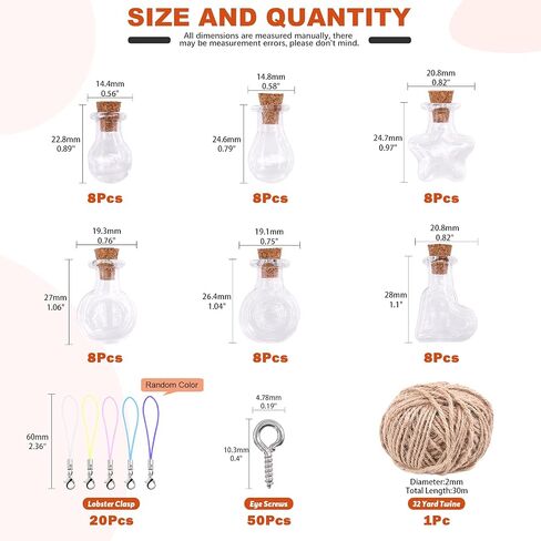 Tanstic 119Pcs 6 Shapes Glass Jars Bottles with Cork Stoppers Set, 48Pcs Wish Bottles Glass Favor Jars with 50Pcs Eye Screws, Lobster Claw Clasps and 30 Yards Twine for Wedding Party DIY Decoration in Saudi Arabia