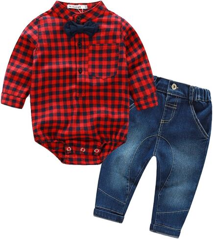 زي Kimocat Baby Boys Gentleman، قميص جينز منسوج للأطفال الصغار مع ربطة عنق in Kuwait