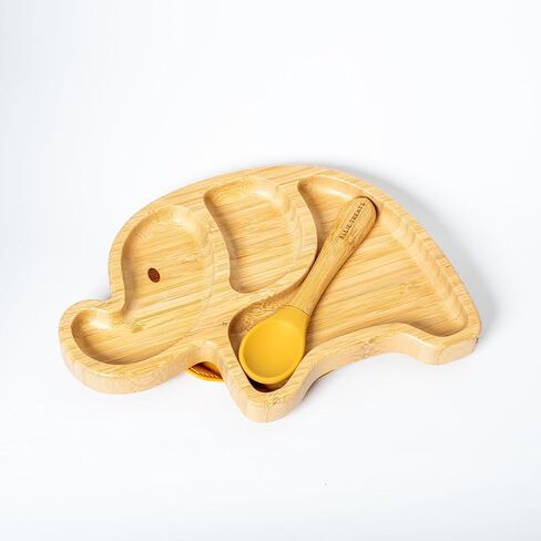 ELLIE TREATS - Bamboo Baby Divider Plate with Suction | Kids & Toddler Suction Plate with Spoon | Non-Toxic | Eco-Friendly | For Baby Weaning | Bamboo & Food-Grade Silicon Spoon in Saudi Arabia