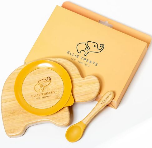 ELLIE TREATS - Bamboo Baby Divider Plate with Suction | Kids & Toddler Suction Plate with Spoon | Non-Toxic | Eco-Friendly | For Baby Weaning | Bamboo & Food-Grade Silicon Spoon in Saudi Arabia