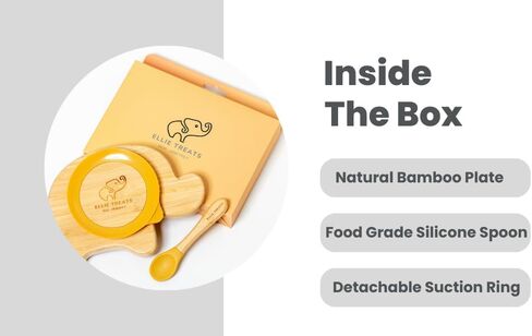 ELLIE TREATS - Bamboo Baby Divider Plate with Suction | Kids & Toddler Suction Plate with Spoon | Non-Toxic | Eco-Friendly | For Baby Weaning | Bamboo & Food-Grade Silicon Spoon in Saudi Arabia