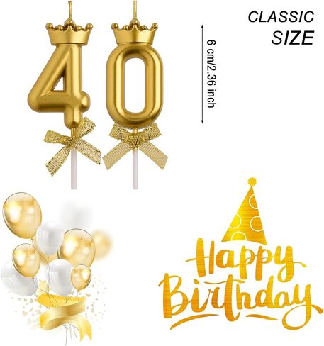 شموع عيد الميلاد الأربعين من AOOLADA، شموع عيد ميلاد ذهبية بعمر 40 عامًا، عدد 40 شمعة للرجال والنساء، ديكورات حفلات أعياد الميلاد السعيدة، هدايا تزيين الكيك للاحتفال بالذكرى السنوية للزفاف in Kuwait