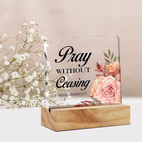 Bible Verse Pray Without Ceasing Desk Decor Acrylic Desk Sign Floral Scripture Christian Acrylic Plaque Home Office Desk Shelf Decoration 4.7"x4.7" in Saudi Arabia