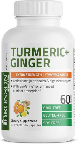 برونسون الكركم + الزنجبيل، قوة إضافية لدعم صحة المفاصل والهضم مع بيوبيرين، غير معدل وراثيًا، 60 كبسولة نباتية in Kuwait