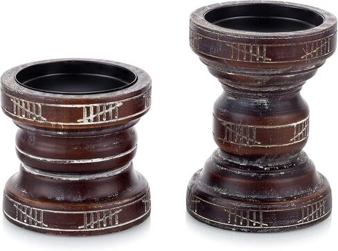 Romadedi Rustic Wood Candle Holder for Pillar - Set of 2 Vintage Farmhouse Wooden Candle Stand Chunky Decorative 6.1"/ 4.3" Home Decor Mantle Firepilace Table Centrepiece Deocration in Kuwait