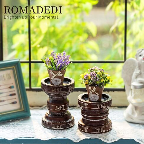 Romadedi Rustic Wood Candle Holder for Pillar - Set of 2 Vintage Farmhouse Wooden Candle Stand Chunky Decorative 6.1"/ 4.3" Home Decor Mantle Firepilace Table Centrepiece Deocration in Kuwait