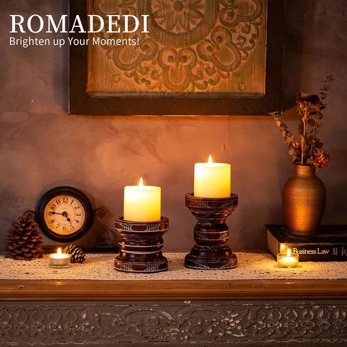 Romadedi Rustic Wood Candle Holder for Pillar - Set of 2 Vintage Farmhouse Wooden Candle Stand Chunky Decorative 6.1"/ 4.3" Home Decor Mantle Firepilace Table Centrepiece Deocration in Kuwait