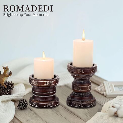 Romadedi Rustic Wood Candle Holder for Pillar - Set of 2 Vintage Farmhouse Wooden Candle Stand Chunky Decorative 6.1"/ 4.3" Home Decor Mantle Firepilace Table Centrepiece Deocration in Kuwait
