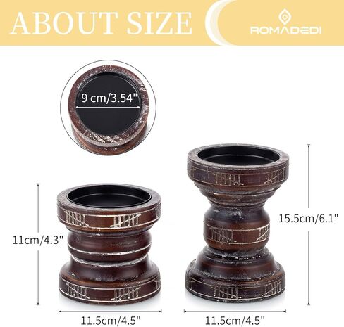 Romadedi Rustic Wood Candle Holder for Pillar - Set of 2 Vintage Farmhouse Wooden Candle Stand Chunky Decorative 6.1"/ 4.3" Home Decor Mantle Firepilace Table Centrepiece Deocration in Kuwait