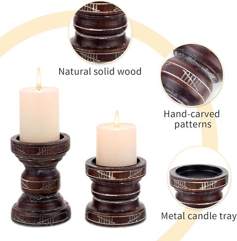 Romadedi Rustic Wood Candle Holder for Pillar - Set of 2 Vintage Farmhouse Wooden Candle Stand Chunky Decorative 6.1"/ 4.3" Home Decor Mantle Firepilace Table Centrepiece Deocration in Kuwait
