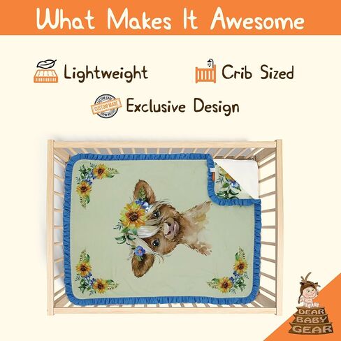 بطانية أطفال فاخرة من Dear Baby Gear Farm - هدايا مينكي ذات وجهين ومعلم وحديثي الولادة للفتيات والفتيان - بطانية أطفال مطبوعة على شكل بقرة هايلاند من قماش الدنيم وقماش ناعم كاكي مينكي، 40 × 30 بوصة in Kuwait