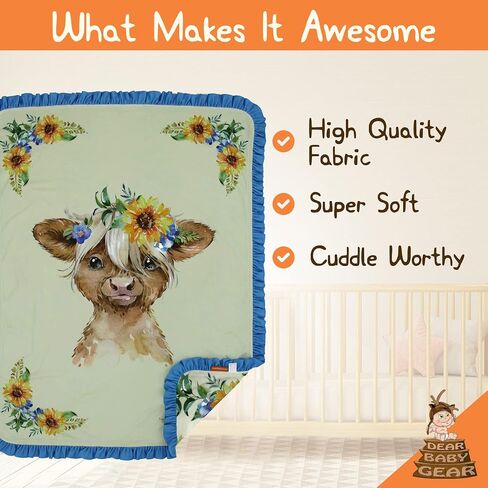 بطانية أطفال فاخرة من Dear Baby Gear Farm - هدايا مينكي ذات وجهين ومعلم وحديثي الولادة للفتيات والفتيان - بطانية أطفال مطبوعة على شكل بقرة هايلاند من قماش الدنيم وقماش ناعم كاكي مينكي، 40 × 30 بوصة in Kuwait