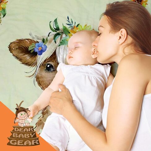 بطانية أطفال فاخرة من Dear Baby Gear Farm - هدايا مينكي ذات وجهين ومعلم وحديثي الولادة للفتيات والفتيان - بطانية أطفال مطبوعة على شكل بقرة هايلاند من قماش الدنيم وقماش ناعم كاكي مينكي، 40 × 30 بوصة in Kuwait