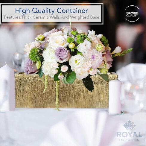 مزهرية سيراميك زجاجية من Royal Imports قطعة مركزية للديكور للمنزل أو الزفاف - شكل مستطيل محفور، 4 بوصة × 12 بوصة، ذهبي in Saudi Arabia