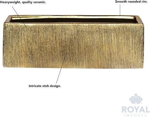 مزهرية سيراميك زجاجية من Royal Imports قطعة مركزية للديكور للمنزل أو الزفاف - شكل مستطيل محفور، 4 بوصة × 12 بوصة، ذهبي in Saudi Arabia