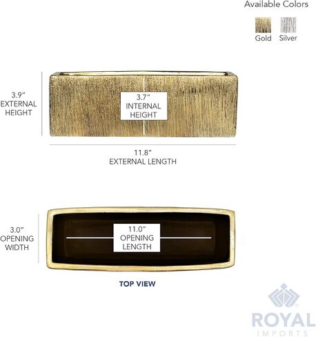 مزهرية سيراميك زجاجية من Royal Imports قطعة مركزية للديكور للمنزل أو الزفاف - شكل مستطيل محفور، 4 بوصة × 12 بوصة، ذهبي in Saudi Arabia