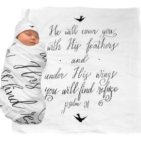 Under His Wings Muslin Swaddle & Bonus Baby Hat with Scripture Quote (Psalm 91) - 100% Organic Unbleached Cotton - Swaddle/Blanket is a Unique Shower & Baptism Gift - in Saudi Arabia