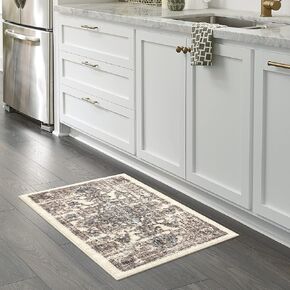 Maples Rugs Kitchen Rug Sets - Distressed Tapestry 2-Piece Non Slip Machine Washable Mats [Made in USA] Vintage Throw and Runner Floor Carpet, 17"x24" + 17"x48", Neutral in Kuwait
