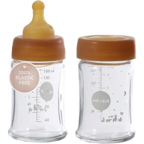 زجاجات الأطفال الزجاجية ذات الرقبة العريضة من HEVEA - زجاجات الأطفال المضادة للمغص ذات التدفق البطيء لحديثي الولادة بعمر 0+ أشهر - صديقة للبيئة، خالية من مادة BPA، عبوتان (5 أونصة) in Kuwait