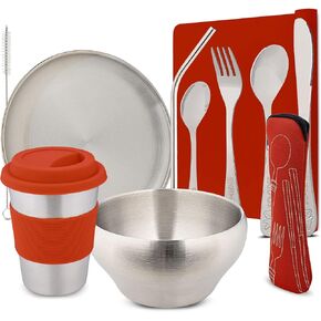 10 Piece Tableware Set for Kids Plate Set 304 Stainless Steel Eco Friendly Montessori Dinnerware for Toddler & Children Plate Bowl Straw Cup Flatware Set and Silicone Placemat (Green) in Kuwait