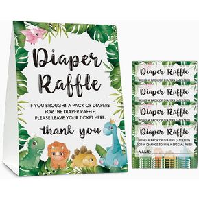 Diaper Raffle Baby Shower Game Set(1 Standing Sign + 50 Guessing Cards), Dinosaur Theme Diaper Raffle Tickets for Baby Shower, Safari Jungle Baby Shower Party Favor Decor - A19 in Kuwait