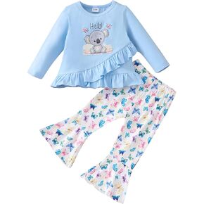 ملابس Haokaini للفتيات الصغيرات بأكمام طويلة وحاشية غير منتظمة مكشكشة وسروال واسع من الأسفل طقم ملابس الربيع in Kuwait