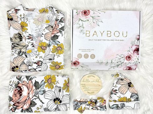 Baybou Robe Swaddle Set Matching Mommy and Me Set Baby Girl Swaddle Blanket Gift 5-Piece Set Hospital Robe Vintage Flora S/M in Saudi Arabia