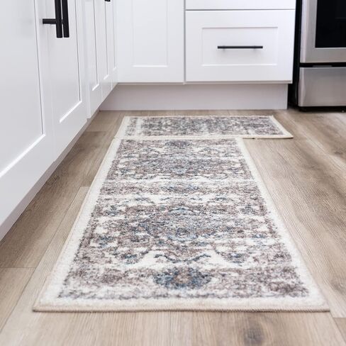 مجموعات سجاد المطبخ من Maples Rugs - سجادة مزخرفة غير قابلة للانزلاق مكونة من قطعتين قابلة للغسل في الغسالة [صنع في الولايات المتحدة الأمريكية] سجادة أرضية كلاسيكية للرمي والعداء، 17 بوصة × 24 بوصة + 17 بوصة × 48 بوصة، محايدة in Kuwait