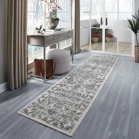 مجموعات سجاد المطبخ من Maples Rugs - سجادة مزخرفة غير قابلة للانزلاق مكونة من قطعتين قابلة للغسل في الغسالة [صنع في الولايات المتحدة الأمريكية] سجادة أرضية كلاسيكية للرمي والعداء، 17 بوصة × 24 بوصة + 17 بوصة × 48 بوصة، محايدة in Kuwait