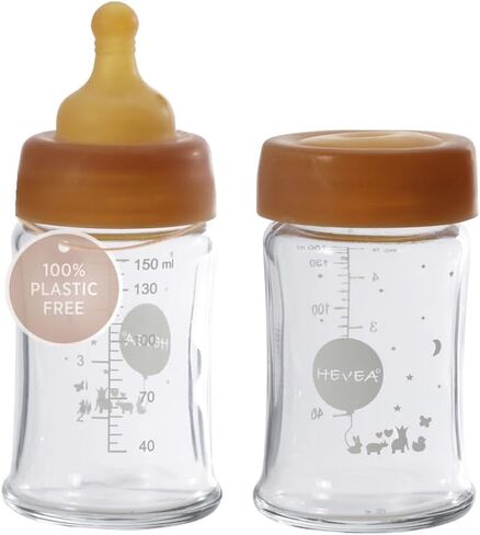 زجاجات الأطفال الزجاجية ذات الرقبة العريضة من HEVEA - زجاجات الأطفال المضادة للمغص ذات التدفق البطيء لحديثي الولادة بعمر 0+ أشهر - صديقة للبيئة، خالية من مادة BPA، عبوتان (5 أونصة) in Kuwait