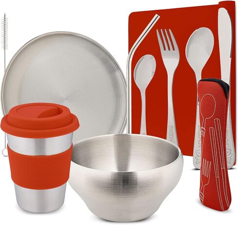 مجموعة أدوات مائدة مكونة من 10 قطع للأطفال، مجموعة أطباق من الفولاذ المقاوم للصدأ 304 صديقة للبيئة من مونتيسوري للأطفال الصغار والأطفال، مجموعة أدوات أطباق وأكواب من القش ومفرش سيليكون (أخضر) in Kuwait
