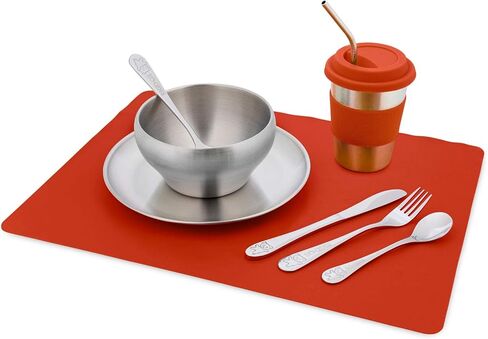 مجموعة أدوات مائدة مكونة من 10 قطع للأطفال، مجموعة أطباق من الفولاذ المقاوم للصدأ 304 صديقة للبيئة من مونتيسوري للأطفال الصغار والأطفال، مجموعة أدوات أطباق وأكواب من القش ومفرش سيليكون (أخضر) in Kuwait