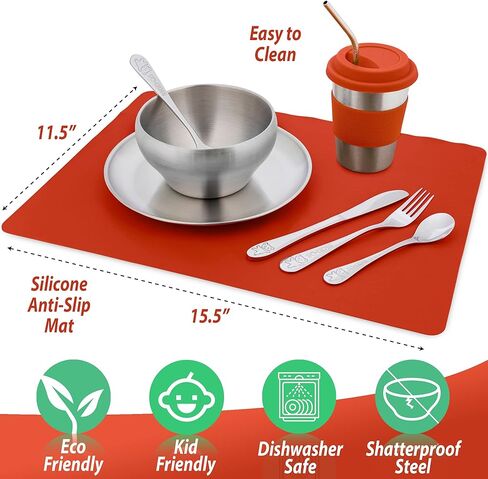 مجموعة أدوات مائدة مكونة من 10 قطع للأطفال، مجموعة أطباق من الفولاذ المقاوم للصدأ 304 صديقة للبيئة من مونتيسوري للأطفال الصغار والأطفال، مجموعة أدوات أطباق وأكواب من القش ومفرش سيليكون (أخضر) in Kuwait