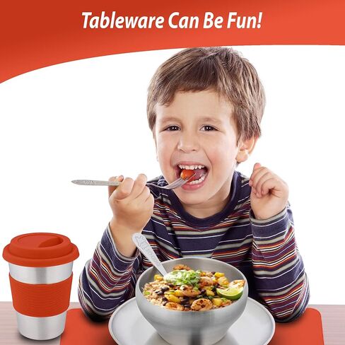 مجموعة أدوات مائدة مكونة من 10 قطع للأطفال، مجموعة أطباق من الفولاذ المقاوم للصدأ 304 صديقة للبيئة من مونتيسوري للأطفال الصغار والأطفال، مجموعة أدوات أطباق وأكواب من القش ومفرش سيليكون (أخضر) in Kuwait
