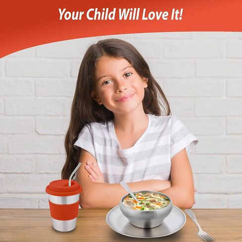 مجموعة أدوات مائدة مكونة من 10 قطع للأطفال، مجموعة أطباق من الفولاذ المقاوم للصدأ 304 صديقة للبيئة من مونتيسوري للأطفال الصغار والأطفال، مجموعة أدوات أطباق وأكواب من القش ومفرش سيليكون (أخضر) in Kuwait