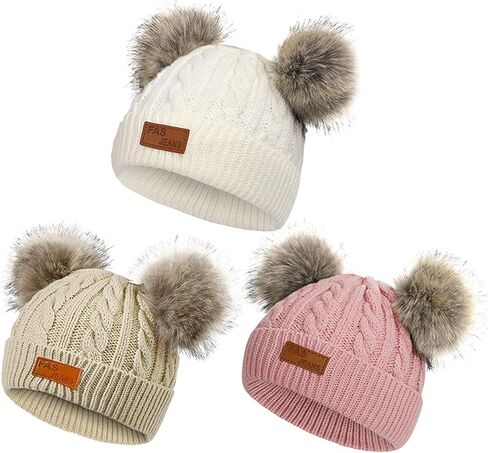 American Trends Baby Beanie Hat Double Pom Pom Toddler Beanies Knit Infant Winter Hat Caps for Boys Girls in Saudi Arabia
