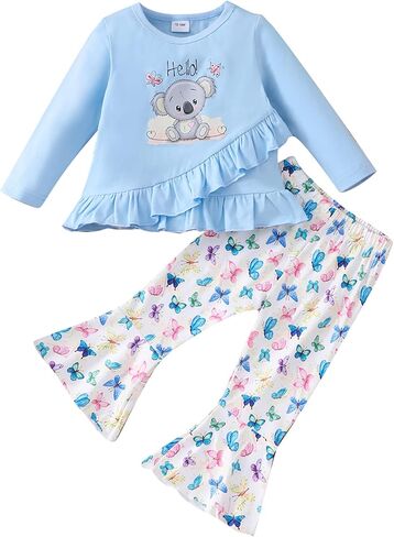 ملابس Haokaini للفتيات الصغيرات بأكمام طويلة وحاشية غير منتظمة مكشكشة وسروال واسع من الأسفل طقم ملابس الربيع in Kuwait