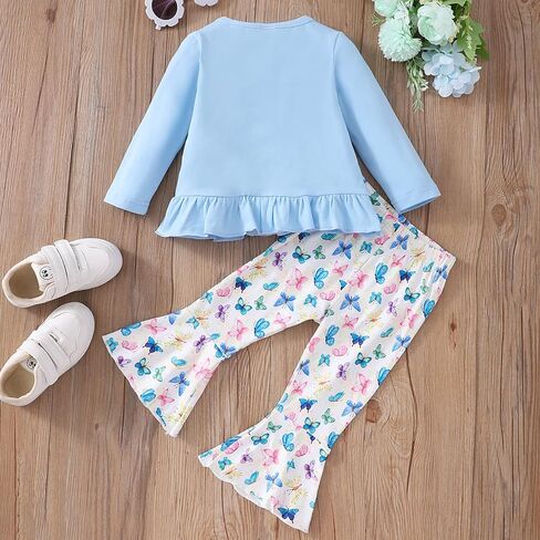 ملابس Haokaini للفتيات الصغيرات بأكمام طويلة وحاشية غير منتظمة مكشكشة وسروال واسع من الأسفل طقم ملابس الربيع in Kuwait