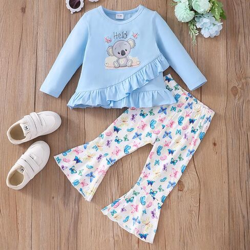 ملابس Haokaini للفتيات الصغيرات بأكمام طويلة وحاشية غير منتظمة مكشكشة وسروال واسع من الأسفل طقم ملابس الربيع in Kuwait